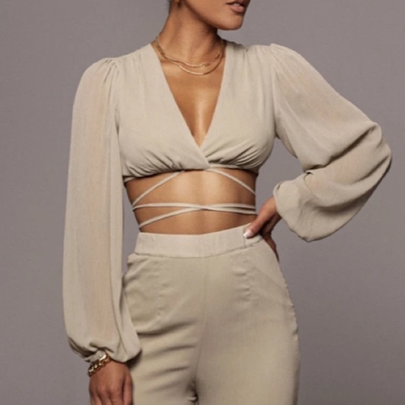 JLUXLABEL Two Piece Olive Green Sage Wrap Wide Leg Set - Picture 2 of 14